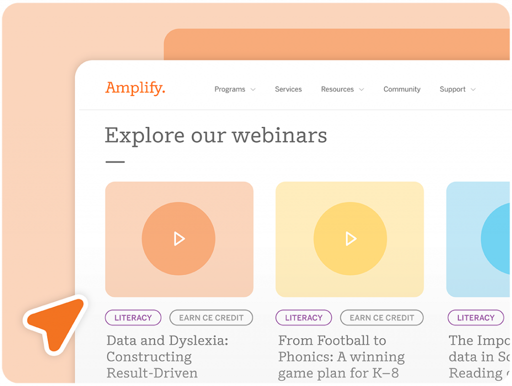A website page titled "Explore our webinars" displays three webinar cards with play icons and tags for "Literacy" and "Earn CE Credit" under the Amplify brand.