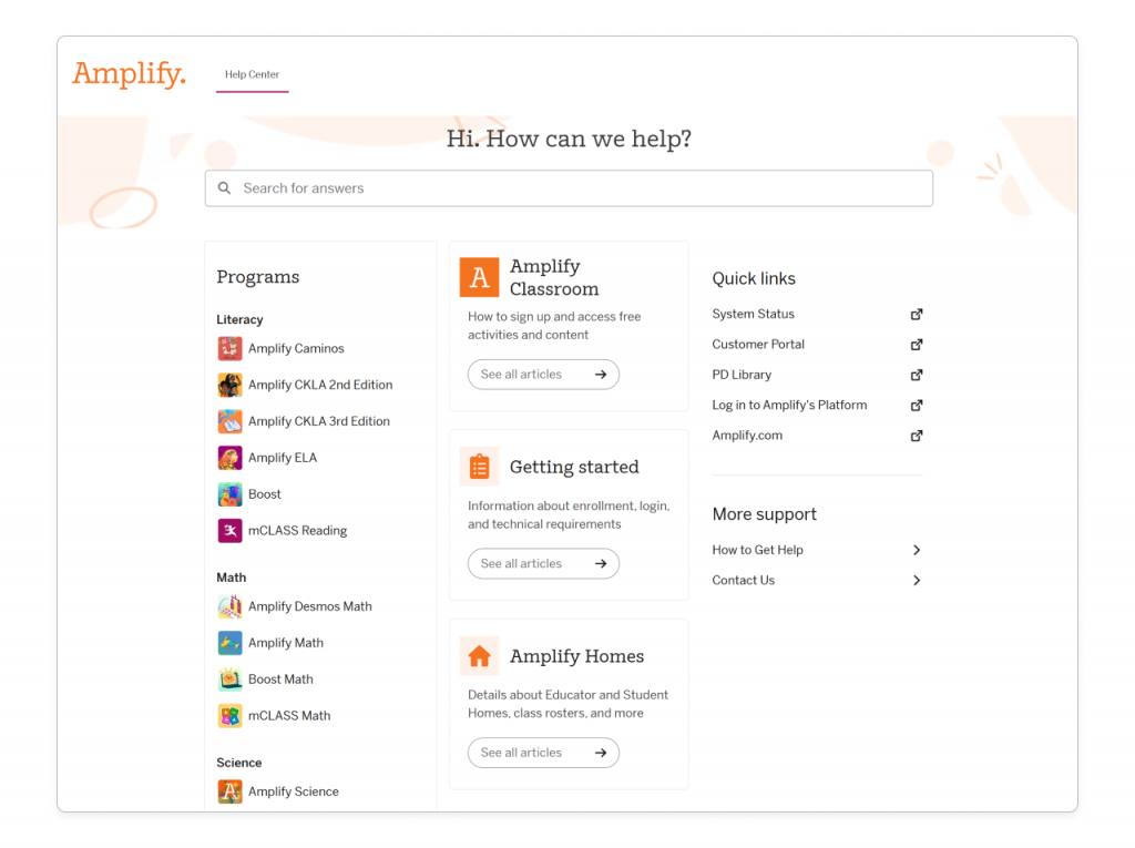 Screenshot of the Amplify Help Center homepage, featuring a search bar, program links on the left, article categories in the center, and quick links on the right for easy access to customer support.
