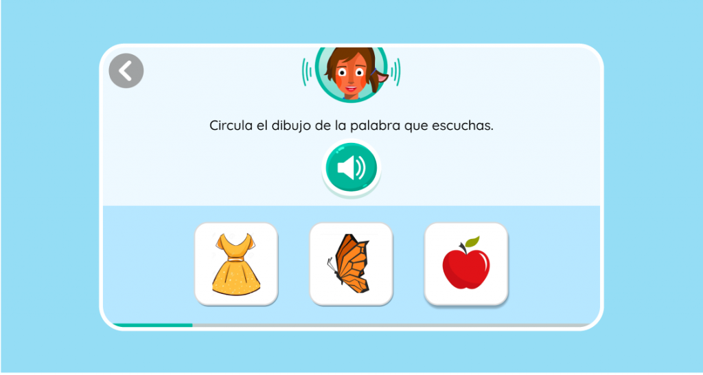 A Spanish language learning app screen shows instructions, a speaker icon, and images of a dress, butterfly, and apple to choose from.
