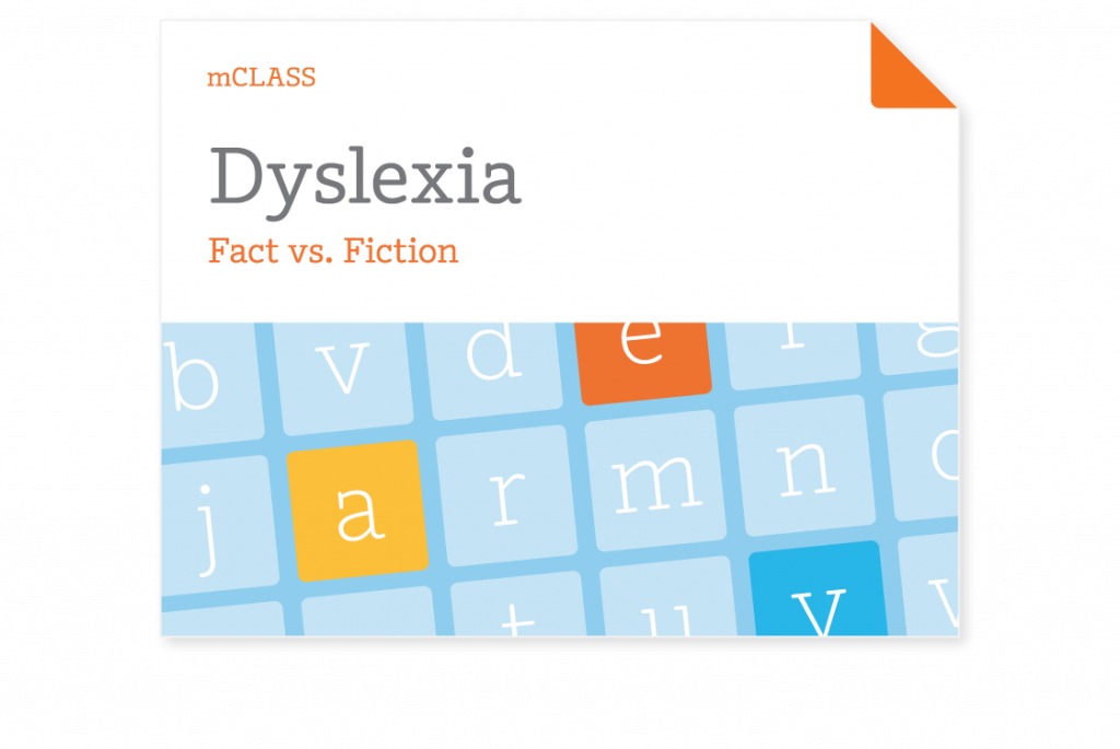 A graphic titled "Dyslexia: Fact vs. Fiction" with a grid of random letters in colored and white squares below the title.