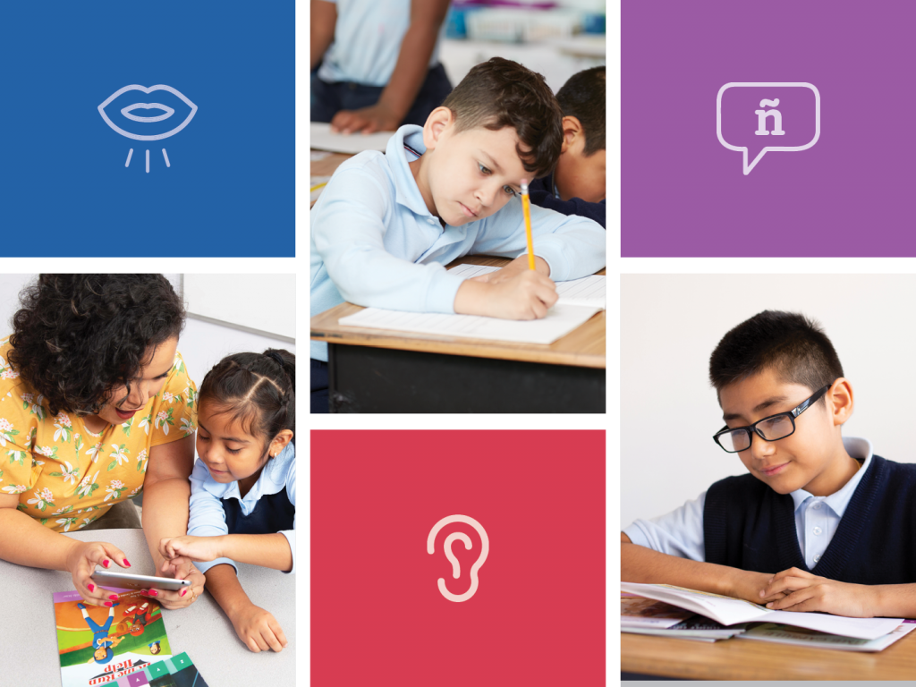 Collage de escenas educativas: la parte superior izquierda muestra el dibujo de un ojo, la parte superior derecha tiene un ícono de voz, las imágenes inferiores muestran a estudiantes aprendiendo con maestros y libros, y logotipos centrales de plataformas digitales.