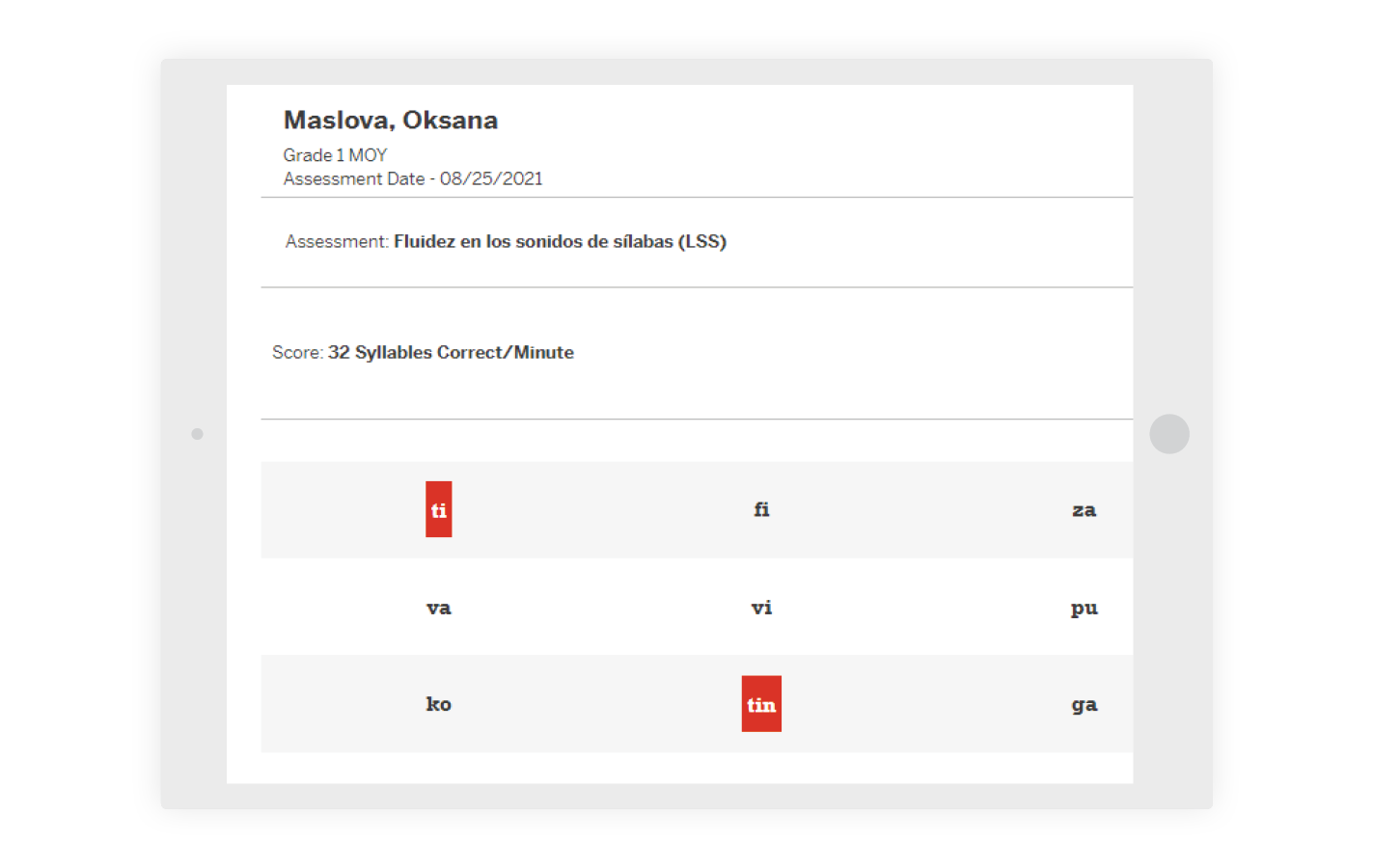 Tablet screen displaying a student's assessment summary for fluency in syllable sounds. The student, Oksana Maslova, scored 32 syllables per minute on 08/25/2021.