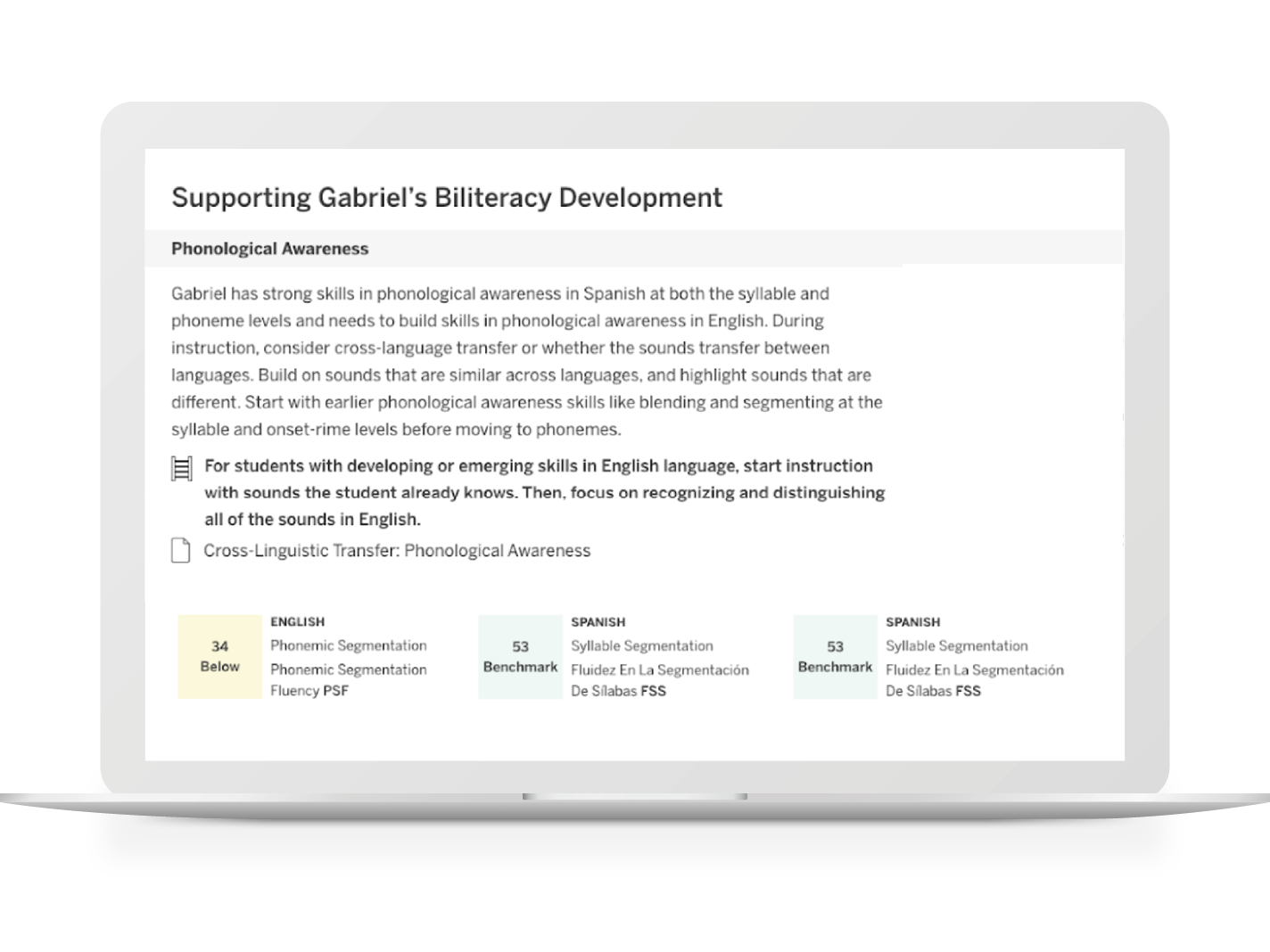 Una diapositiva de una presentación que muestra un cuadro con métricas sobre la conciencia fonológica en el desarrollo de la alfabetización de los bilingües, comparando el inglés y el español.