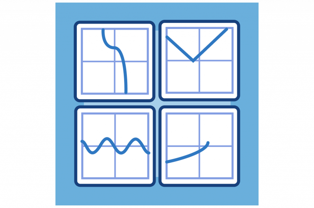 Four square graphs with different blue line patterns: a curve downward, a V shape, a wavy line, and an upward curve, all on a light blue background.