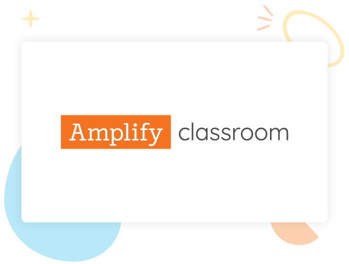 Amplify classroom" logo with "Amplify" in white text on an orange rectangle and "classroom" in gray text, set against a white background with abstract colored shapes.