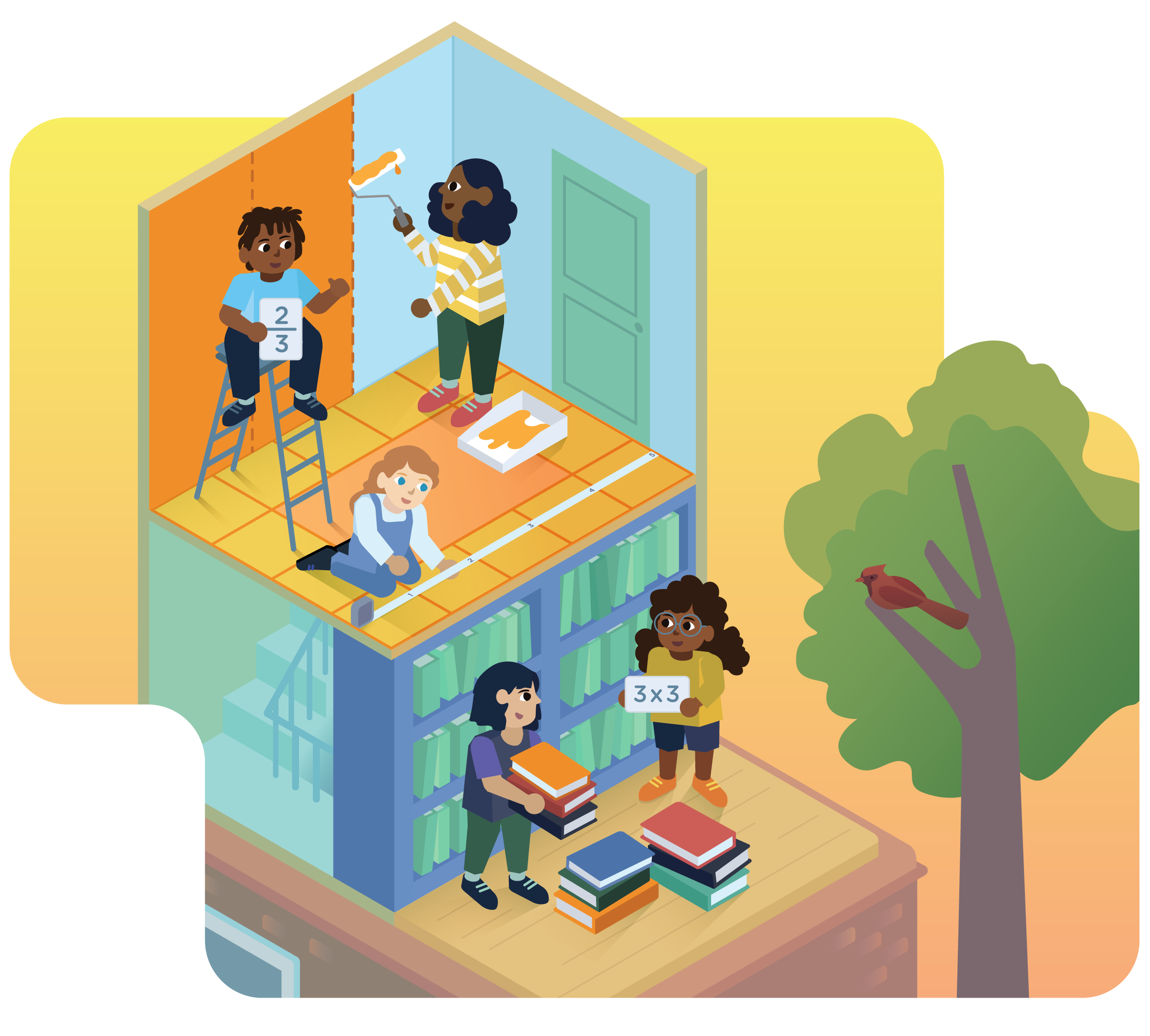 Two children paint the top room while another child helps on the floor; below, two children with math cards stack books by the bookshelf—embracing a back to school spirit, with a tree and bird just outside.