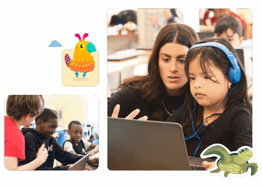 A teacher helps a young girl with headphones use a laptop, while two boys work together on another laptop; cartoon bird and turtle stickers decorate the image, highlighting efforts to ampliar el plan de estudios through engaging technology in the classroom.