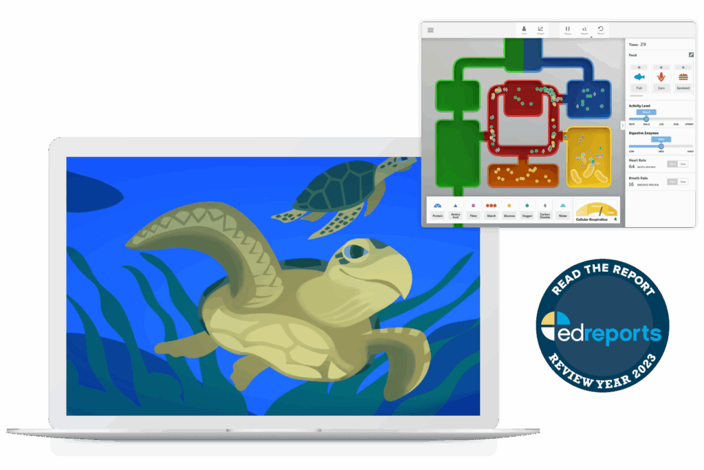 Illustration of a turtle on a laptop screen, a flowchart diagram in a pop-up window, an amplify science theme, and an EdReports 2023 review badge.