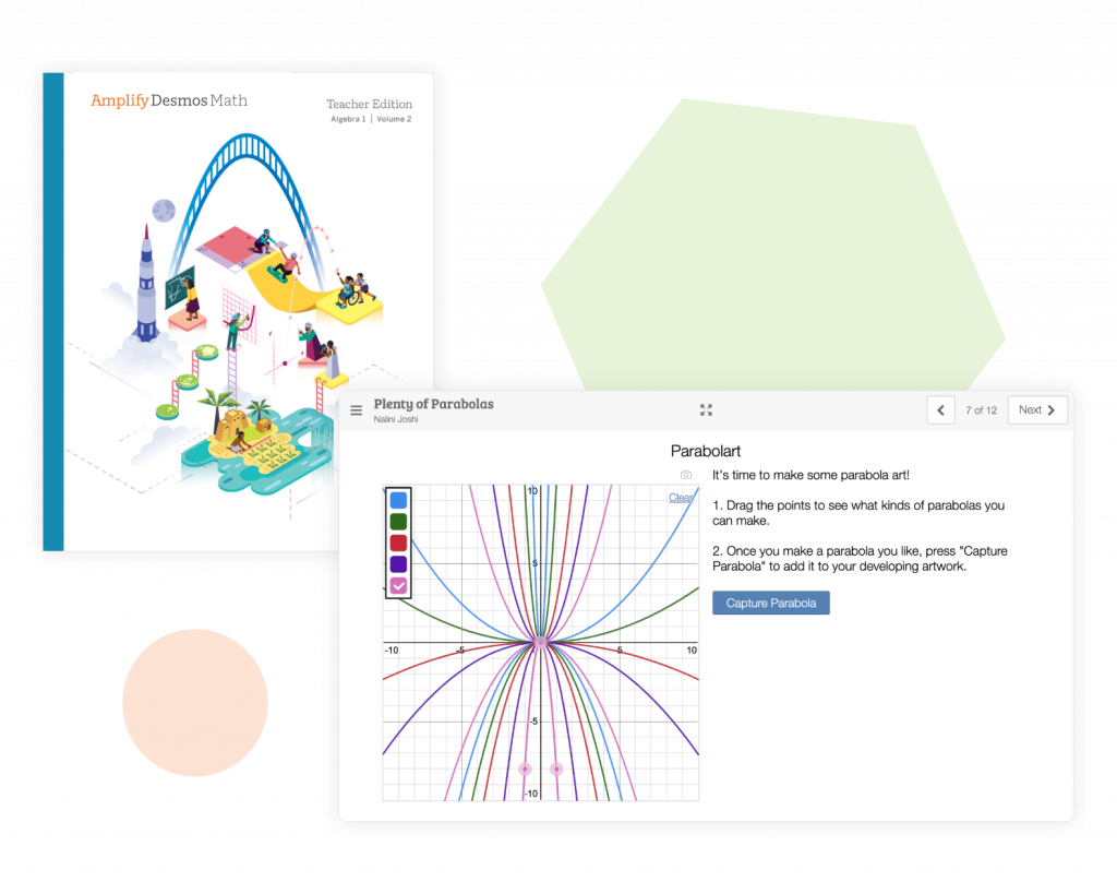 Interactive digital math lesson interface with colorful graphics showing parabola exploration and plotting tools on screen, enhanced by the New York math curriculum.