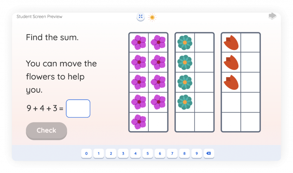 Math activity interface with three ten-frames showing flowers and leaves, a prompt to find the sum 9 + 4 + 3, and movable flowers for counting—ideal for math intervention and progress monitoring.