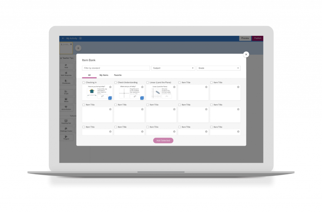 A laptop screen showcases a software interface with an "Item Bank" of selectable cards, ideal for progress monitoring. The interface features sorting options and a left sidebar menu, offering seamless integration for instructional support.