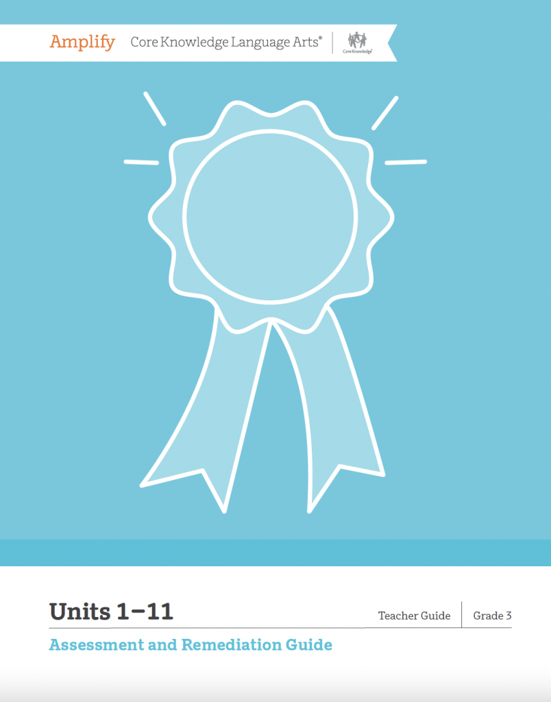 Cover of "amplify core knowledge language arts" teacher guide for grade 3 featuring a simple, stylized illustration of a ribbon badge.