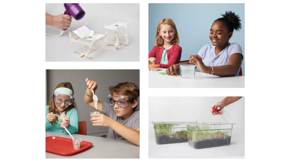 Un collage de cuatro imágenes que muestran a estudiantes realizando experimentos científicos: secando estructuras, trabajando con plantas, vertiendo la mezcla en un vaso de precipitados y regando plantas en contenedores.
