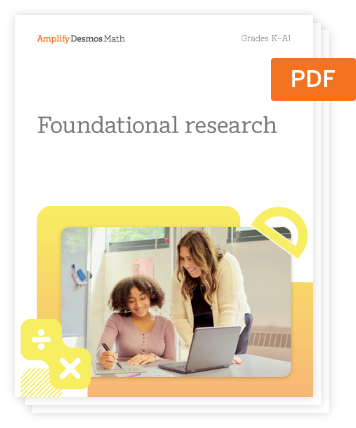 A cover page for an Amplify Desmos Math PDF titled "Foundational research," featuring two women working together at a desk with a laptop and papers.