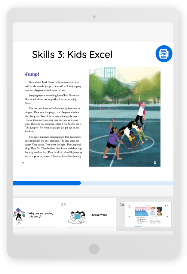 Illustration of diverse children jumping rope in a park with a bridge in the background, displayed on a digital tablet.