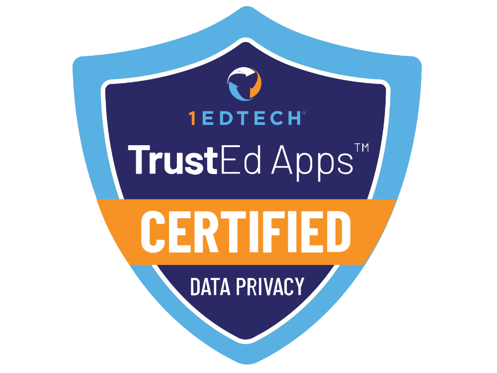 A blue and orange shield badge labeled "1EdTech TrustEd Apps Certified Data Privacy.