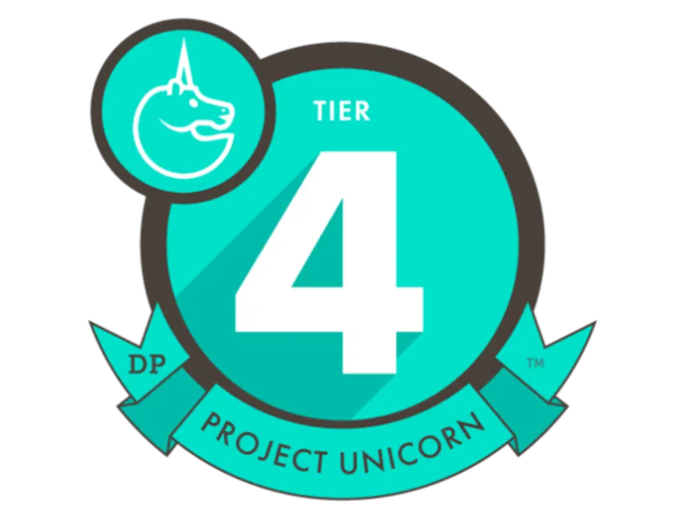 A teal badge displaying a unicorn icon, the text "Tier 4," and a ribbon labeled "DP Project Unicorn.