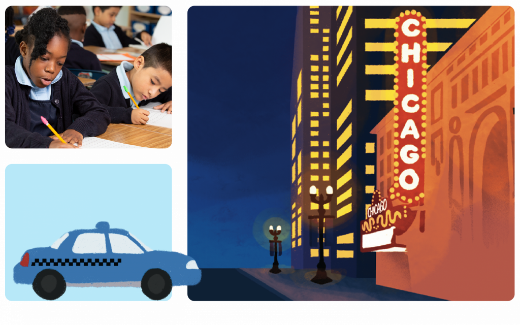 A child writes in class, another student is focused on work, a cartoon taxi appears, and a theater marquee reads "Chicago" at night—capturing the vibrant energy found in Indiana elementary schools.
