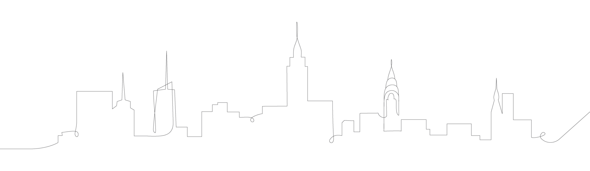 Silhouette of a city skyline with various building outlines against a black background.