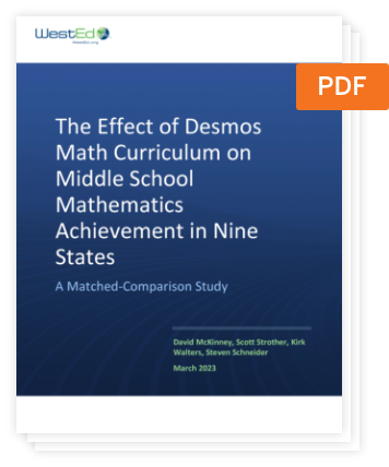 Pdf cover with title "The Effect of Desmos Middle School on Mathematics Achievement in Nine States," labeled as an education research study from March 2023 by WestEd.
