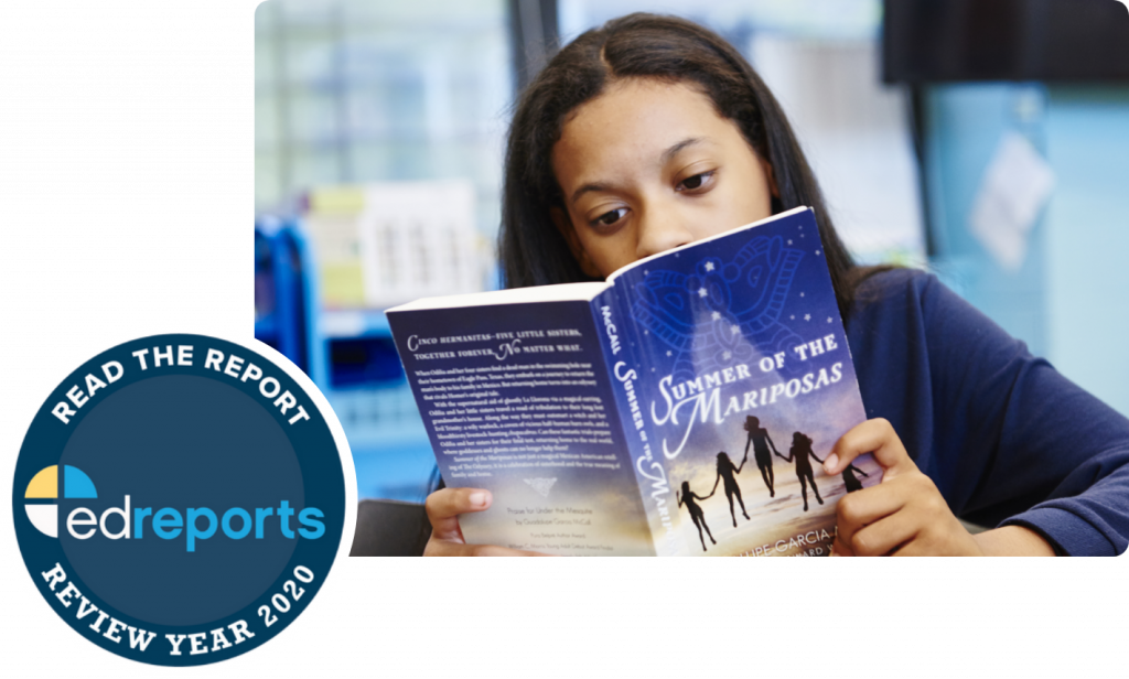 A girl, an Indiana teacher's inspiration, is reading "Summer of the Mariposas" with an EdReports sticker beside her, labeled "Read the Report, Review Year 2020," capturing a moment that echoes through Indiana elementary schools.