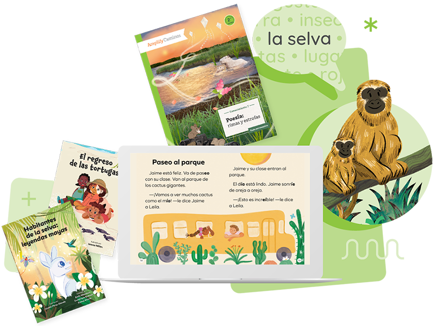 A laptop displays an illustrated children's story. Surrounding it are three children's books with animal and nature themes, highlighting foundational skills in reading, and an illustrated monkey with a baby.