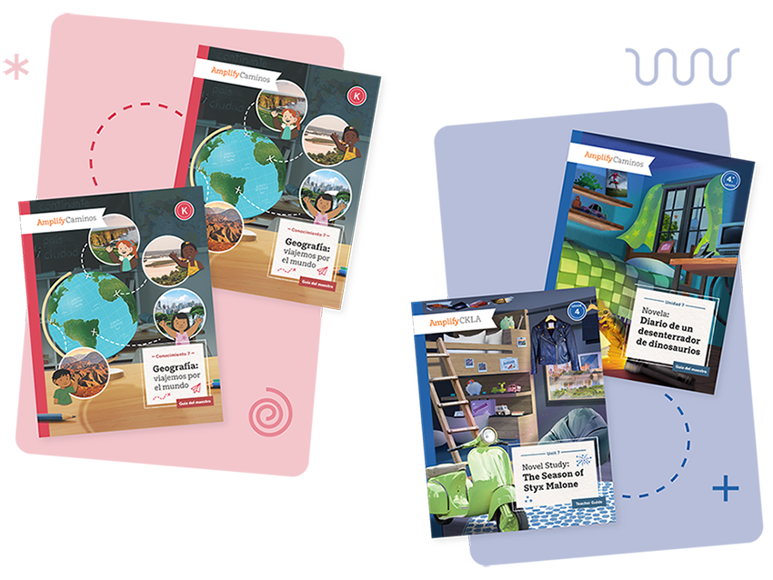 Four illustrated educational book covers are displayed; two focus on geography, and two feature novels—one in Spanish and one in English—each with colorful designs, showcasing the Spanish language arts curriculum Amplify Caminos.