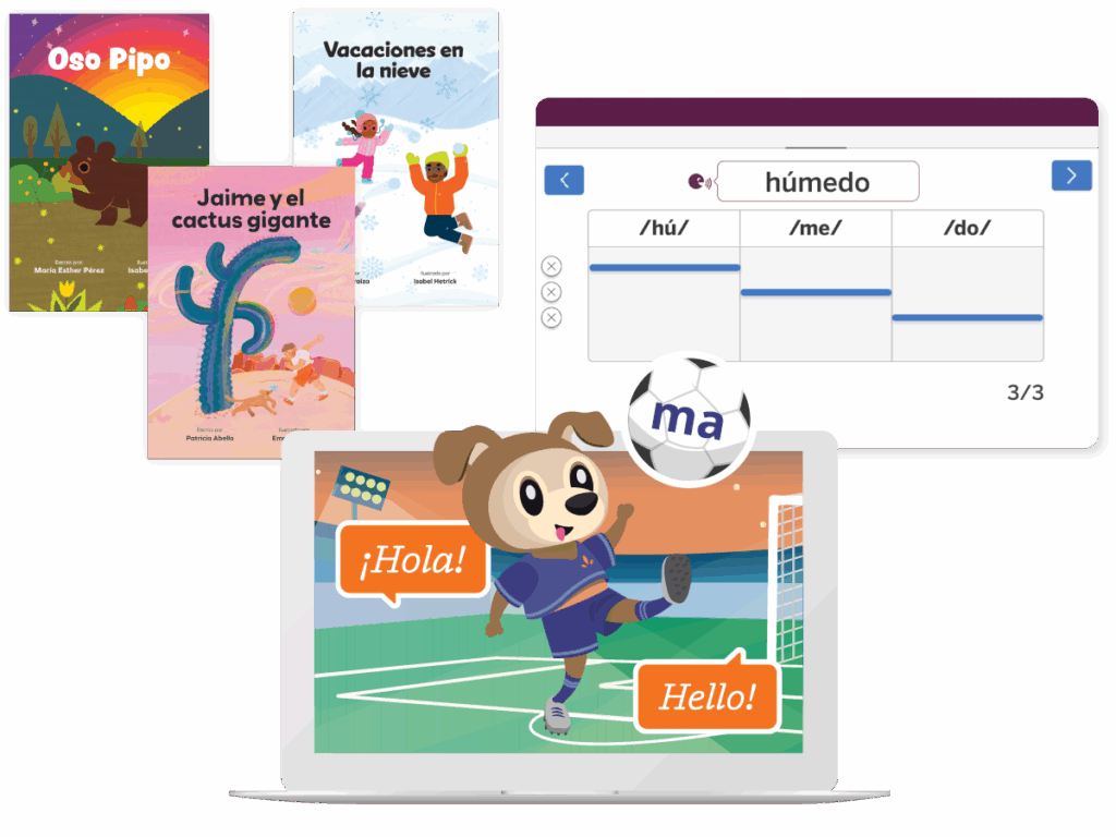 Three children's books in Spanish, a digital vocabulary activity for the word "húmedo," and an illustrated dog playing soccer on a laptop screen with "¡Hola!" and "Hello!" speech bubbles—perfect for building foundational skills with Amplify Caminos.