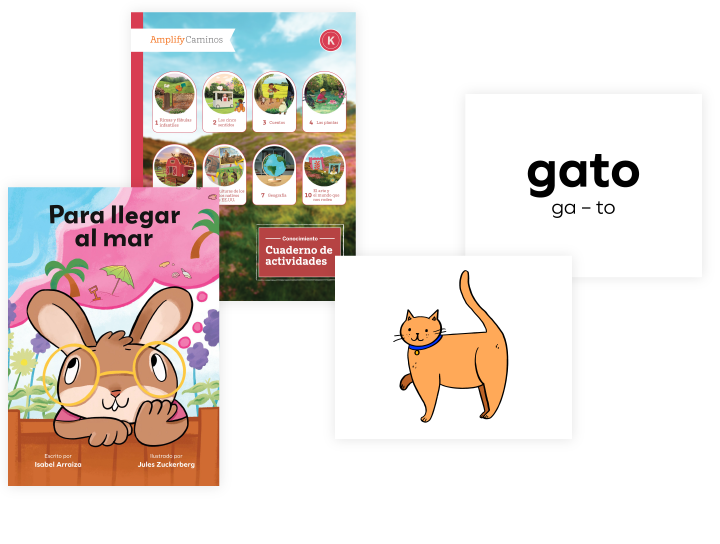 A Spanish language arts curriculum set includes a worksheet, the book "Para llegar al mar" featuring a rabbit, a flashcard with the word "gato" and its syllables, plus a cartoon cat—perfect for bilingual programs.