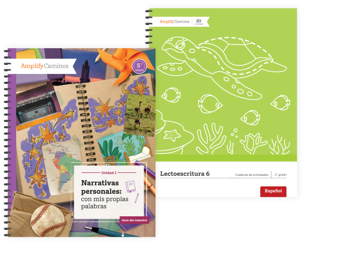 Two educational book covers for Amplify Caminos: one featuring a scrapbook, sports gear, and craft materials, and another with a line drawing of a sea turtle and fish on green—perfect for Spanish language arts curriculum.