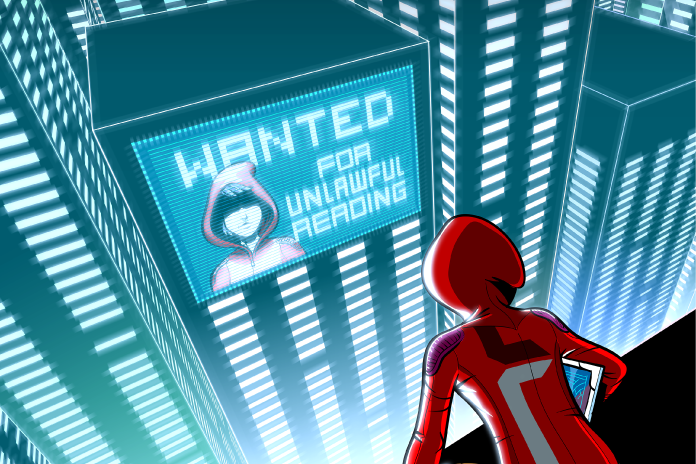 A figure in a red outfit looks at a large digital billboard on a city building displaying "WANTED FOR UNLAWFUL READING" with a hooded person's image.