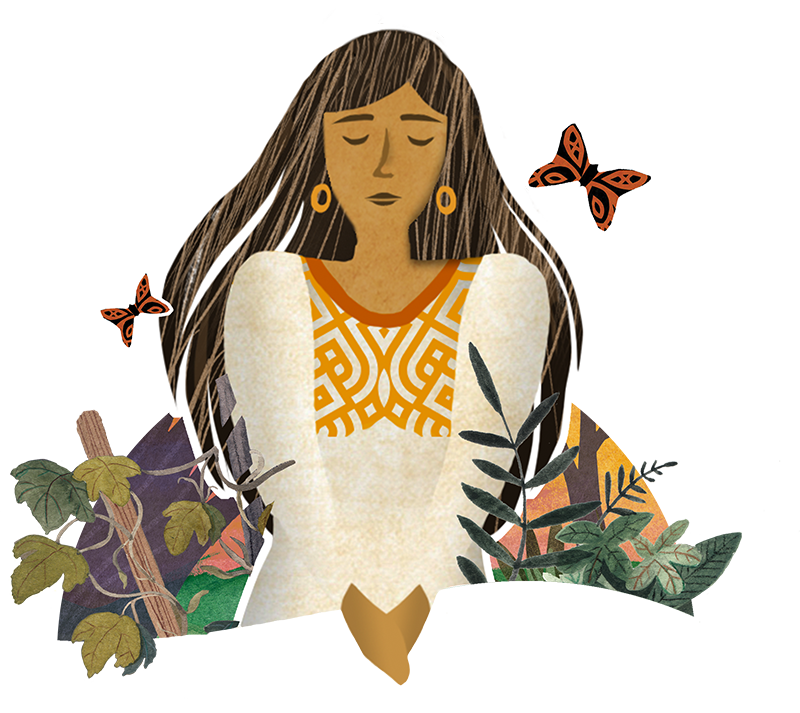 Illustration of a woman with long hair and earrings, eyes closed in a serene pose, surrounded by plants and butterflies.