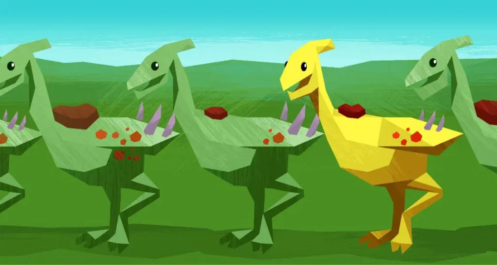 Four low-poly dinosaurs with missing body sections are standing in a row; one is yellow, and the others are green. They have purple spikes and red patches on their bodies.