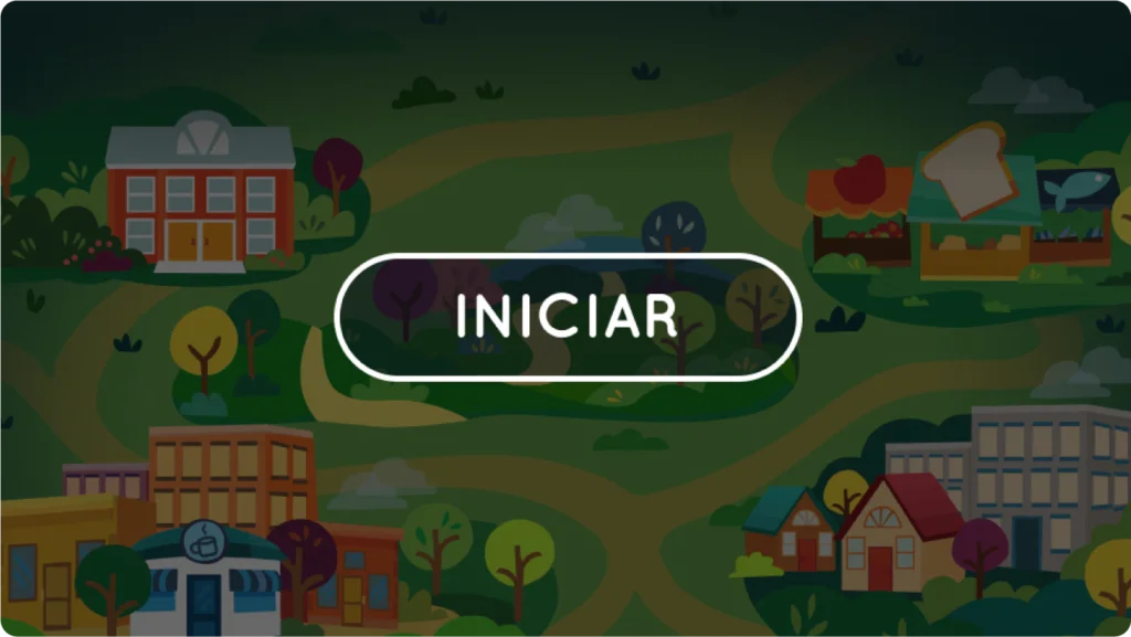 A large button labeled "INICIAR" is displayed in the center of a colorful, illustrated town map background.