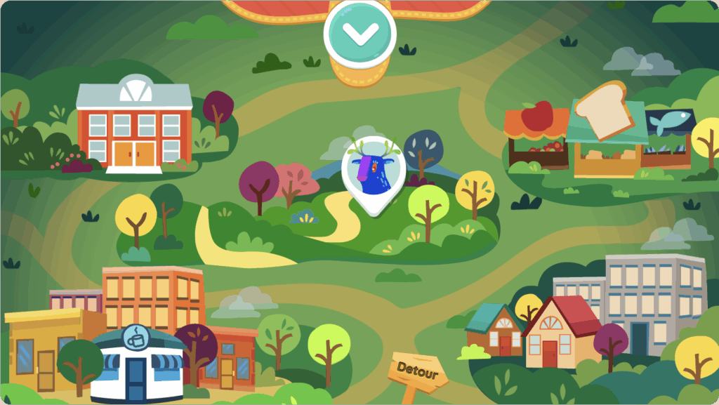 A cartoon map shows various buildings, trees, and winding paths with a "Detour" sign and a blue character in the center marked by a location pin.