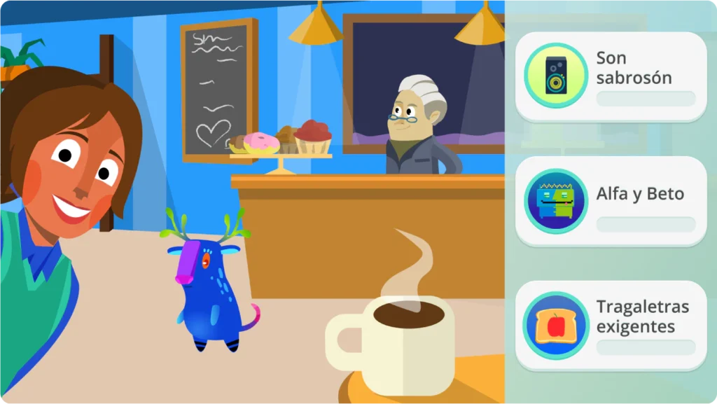 A woman smiles in a café with a blue creature beside her, a barista behind the counter, pastries on display, and three app icons with Spanish text on the right.