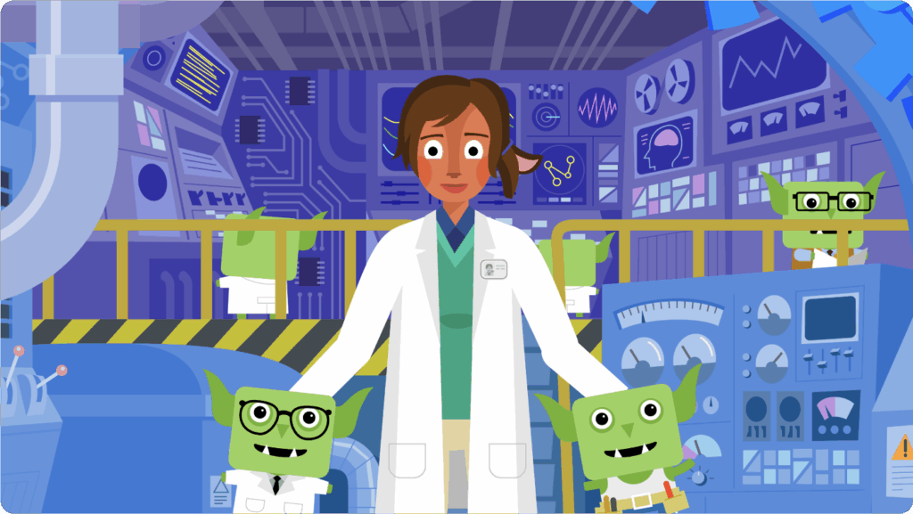 A scientist in a lab coat stands in a futuristic control room, surrounded by four small green creatures also wearing lab coats.