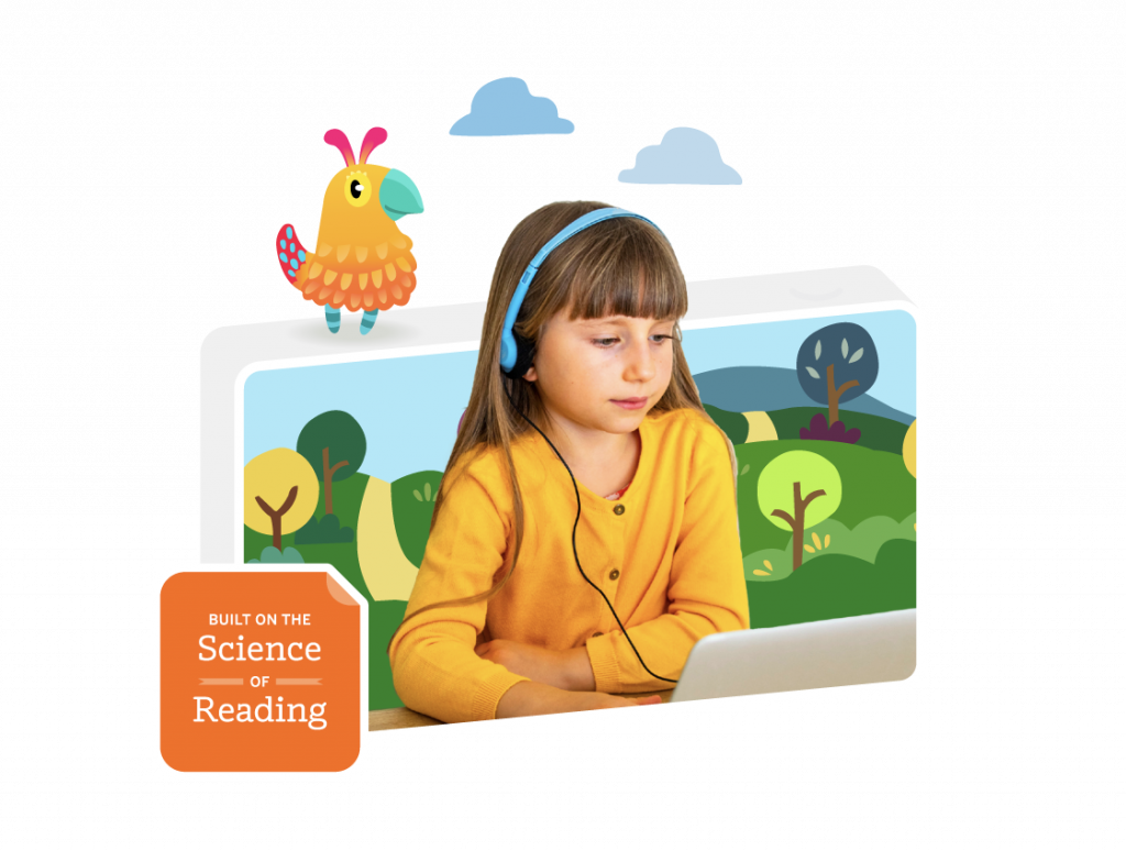 A young girl wearing headphones uses a laptop featuring colorful educational graphics including a whimsical bird character and trees.