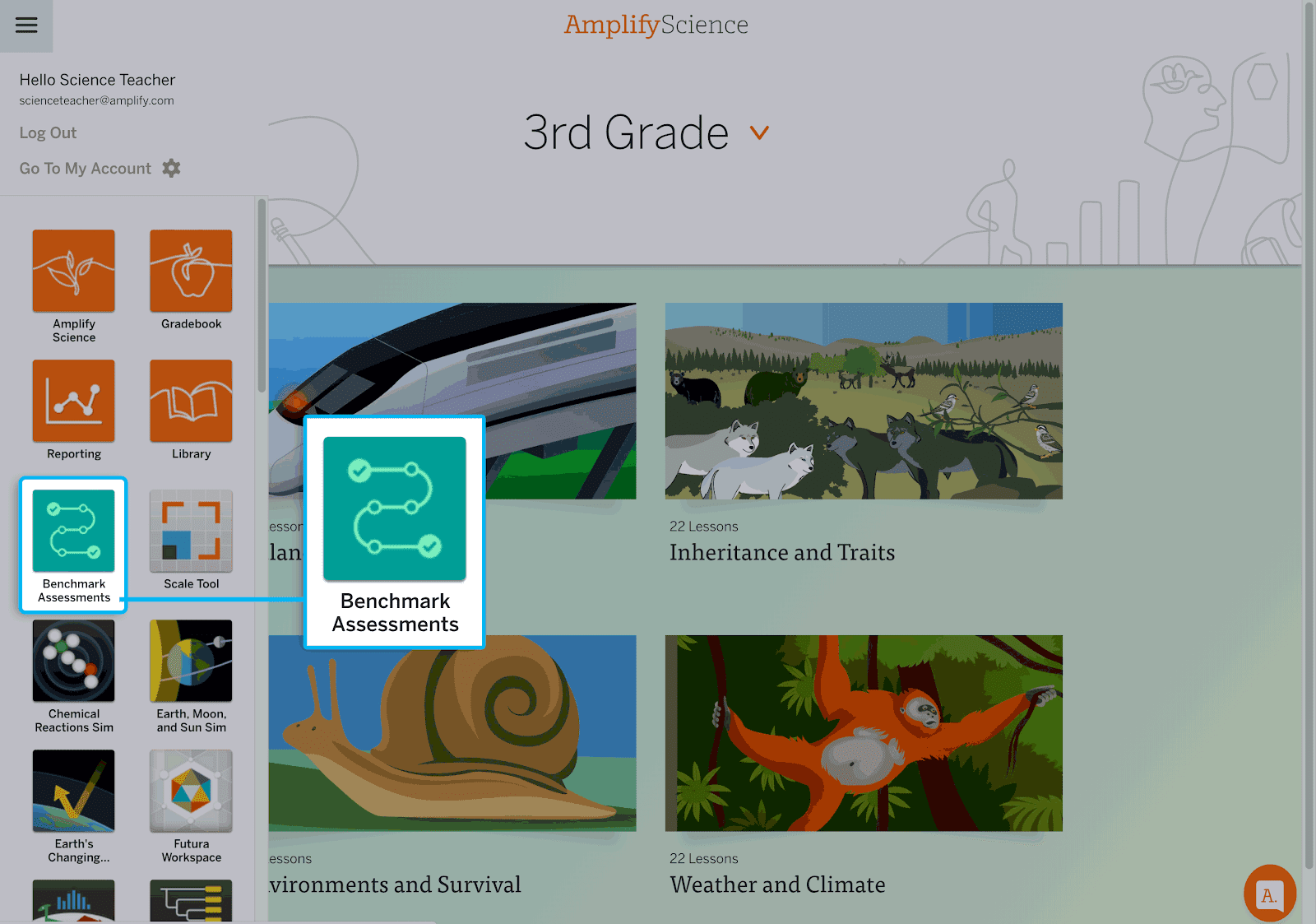 Screenshot of an educational website for 3rd grade science featuring menu icons for various modules like "library", "gradebook", and sections on "inheritance", "weather and climate".