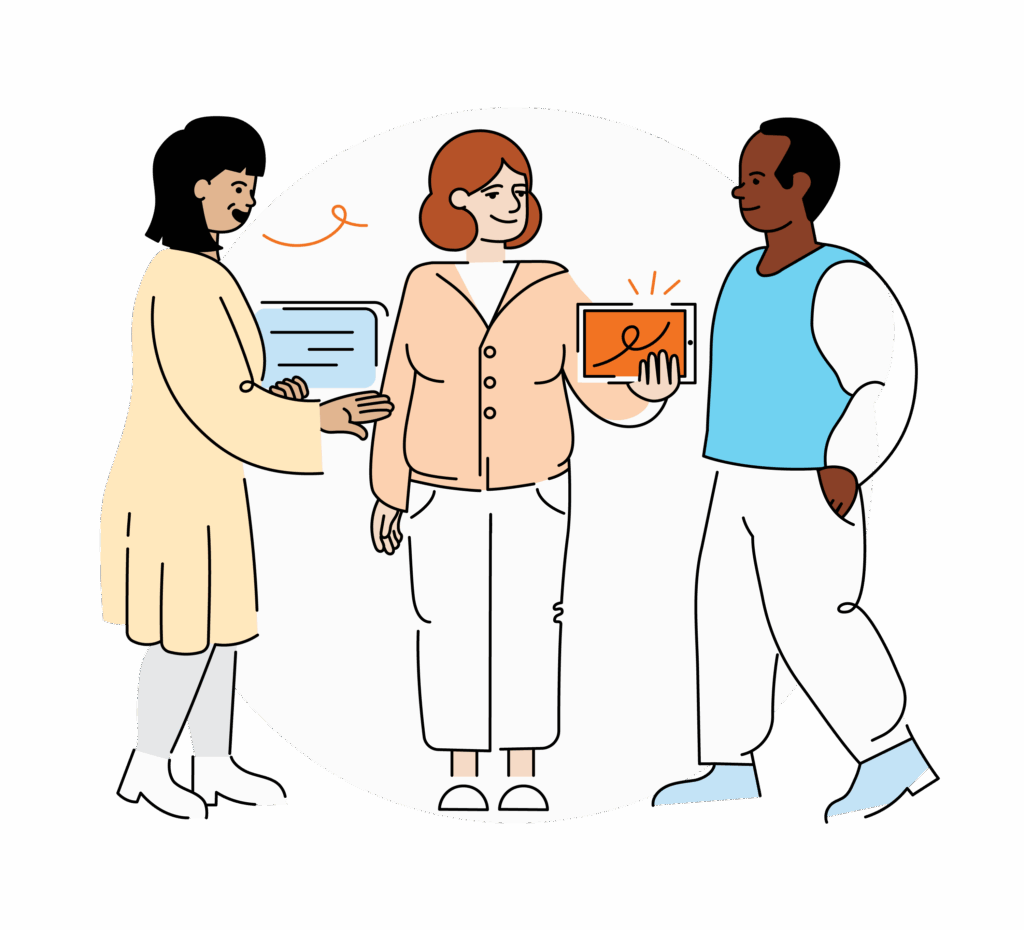 Three people in a meeting; one shows a digital tablet with a graph to the others. They are standing and appear engaged in an Amplify Science discussion.