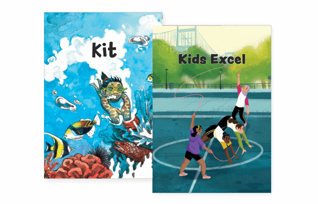 Illustration split in two: left side shows children diving underwater with marine life, labeled "kit"; right side shows children playing jump rope on a court, labeled "kids excel.