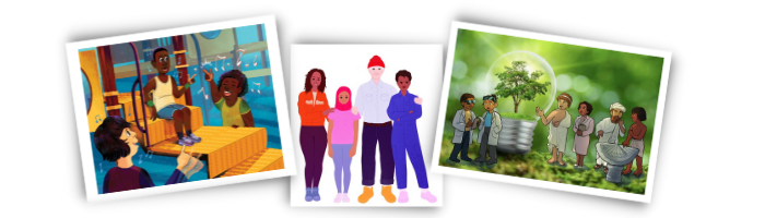 Three illustrations: one shows people at a gaming session, the middle depicts a diverse group standing together, and the third portrays a group gardening outdoors.