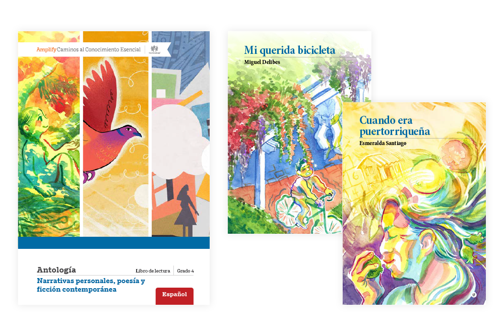 Three colorful book covers featuring artistic styles: a bird in flight, a bicycle near a vine-covered wall, and a vibrant portrait of a woman with flowing hair.