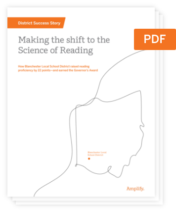 Cover page of a PDF titled "Making the shift to the Science of Reading," featuring an outline of Ohio with text and an orange banner labeled "District Success Story.