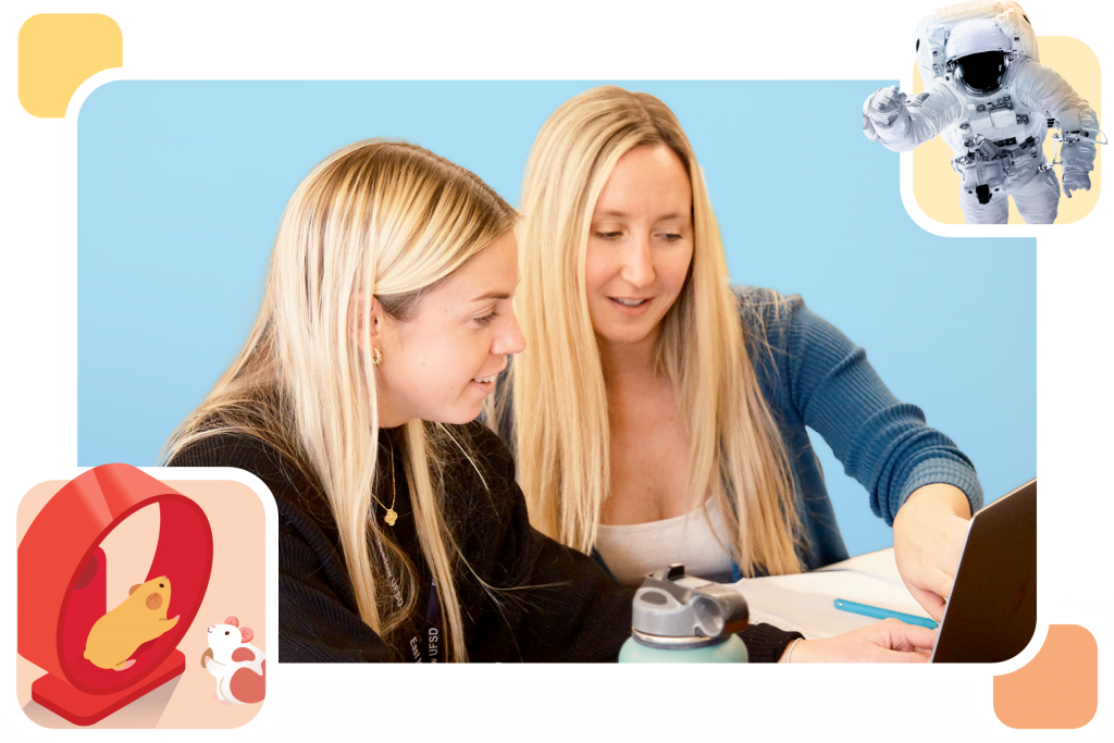 Two women with long blonde hair work together at a laptop; illustrations of a hamster in a wheel and an astronaut are in the corners.