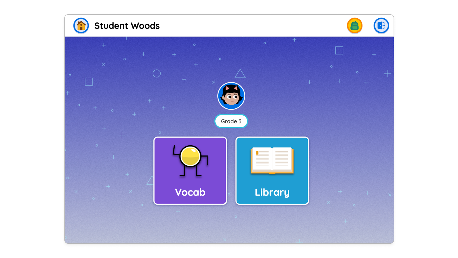 A digital student dashboard for Grade 3 featuring two options: "Vocab" with a yellow character, and "Library" with an open book icon—designed to support Amplify CKLA Espanol learners.