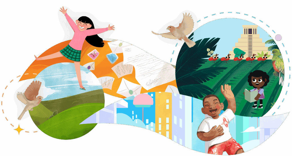 Illustration of children reading, running, and jumping amid birds, greenery, letters, and a cityscape—capturing the joy of learning and connection to nature inspired by Amplify CKLA Espanol.