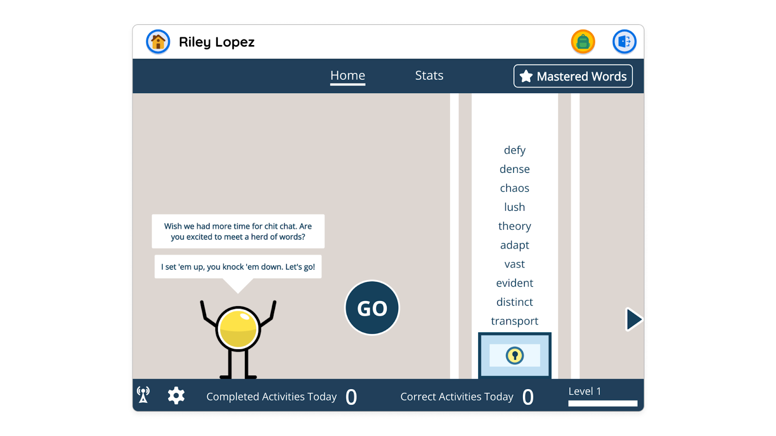 A digital flashcard interface for Amplify CKLA Espanol shows a stick figure beside a "GO" button, a word list on the right, and activity stats at the bottom.
