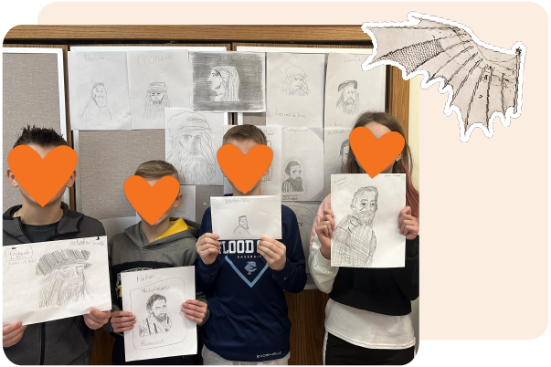 Four students stand in front of a wall displaying pencil sketches, each holding up their own drawing; their faces are covered with orange heart icons—an inspiring scene for those seeking resources for teachers.