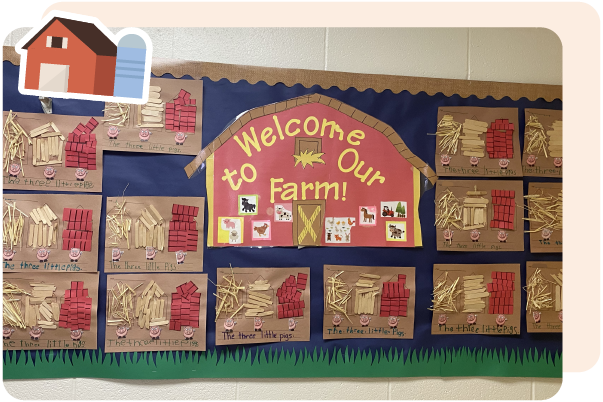 Classroom bulletin board displays a “Welcome to Our Farm!” sign with student artwork depicting the story of the Three Little Pigs using various craft materials, inspired by Amplify CKLA literacy curriculum resources for teachers.